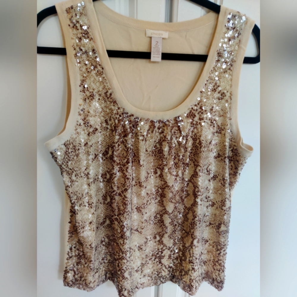 Chico's Cream and Brown Sequin Women's Top Size 2